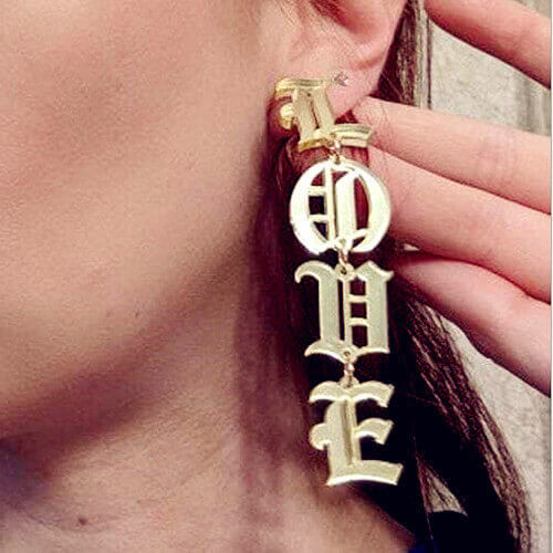 Personalised laser cut acrylic old english letter word accessories wholesale manufacturers custom long drop name earrings vendors and suppliers